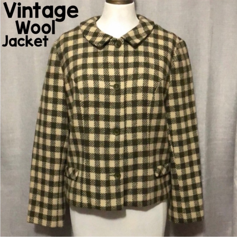 Vintage Wool Jacket-Olive Green/Cream Houndstooth-4 Button Front